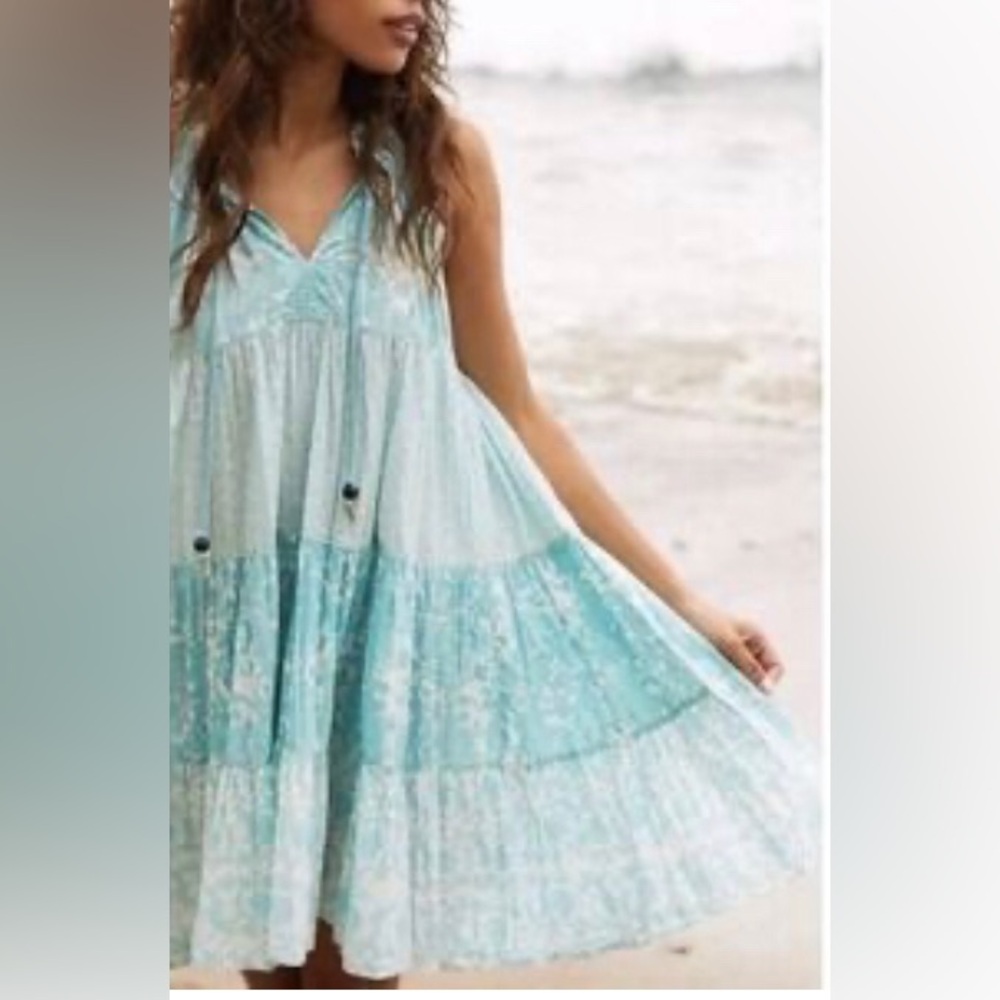 Ro’s garden womens cotton pullover tiered mini dress light blue print S coverup